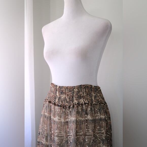 Brown & Cream Abstract Print Elastic Waist High Low Midi Skirt - Picture 4 of 7